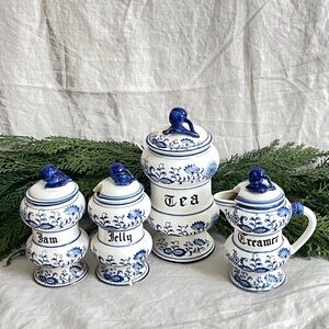 Vintage blue onion canisters with English labels